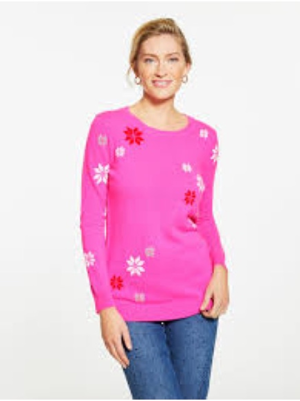 Talbots cashmere Hot Pink Floral Crewneck Sweater